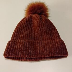 Brown Knit Beanie with Faux Fur Pom